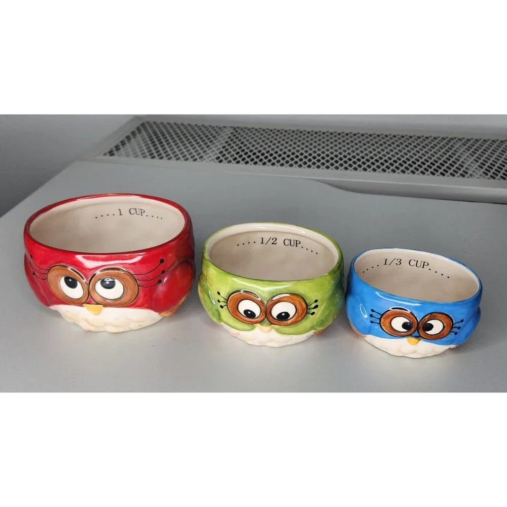 Set Of 3 Laurie Furnell Painted Ceramic Owl Bird Measuring Cups Nesting Colorful